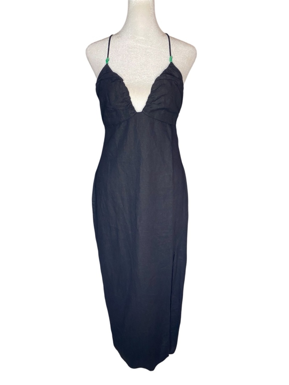 ZARA Black LInen Blend V/Neck Strappy Back Midi Dress with Leg Slit - Size S